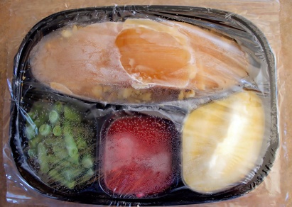 Frozen Turkey Dinner - covered with plastic, condensation inside