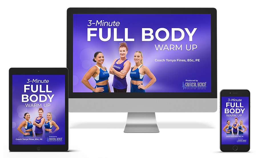 A computer monitor, a tablet and a phone that show the cover of The 3-Minute Full Body Warm Up Video
