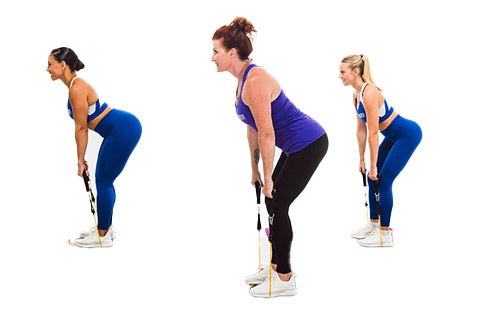 Three women performing a resistance band deadlift exercise, each demonstrating proper form at different angles.