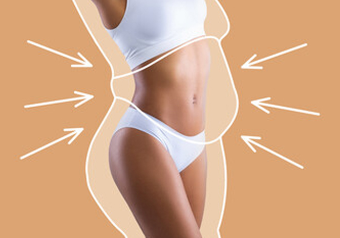 Illustration of a woman's midsection in a white outfit, with contour lines and arrows emphasizing fat loss and body shaping.