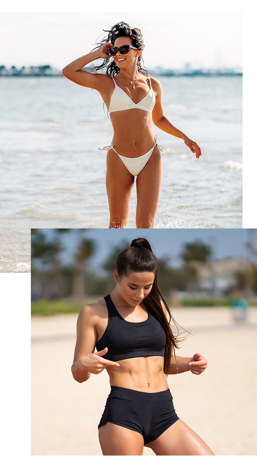 Two women at the beach; the top image shows a woman in a striped bikini smiling and wearing sunglasses near the water, and the bottom image shows a woman in a black sports outfit looking down at her toned abs.