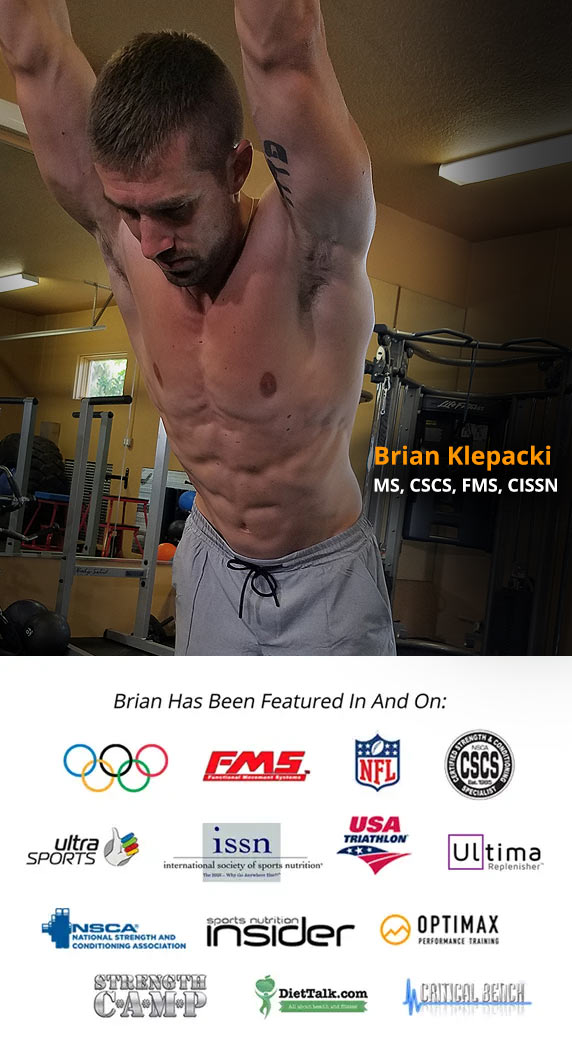 Brian Klepacki, performing an exercise in a gym with credentials and logos of featured affiliations displayed below.