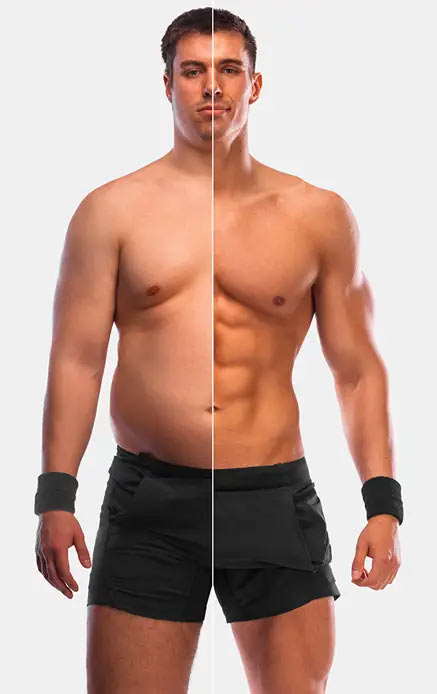A side-by-side comparison of a man before and after a fitness transformation, showcasing improved muscle definition and reduced body fat.