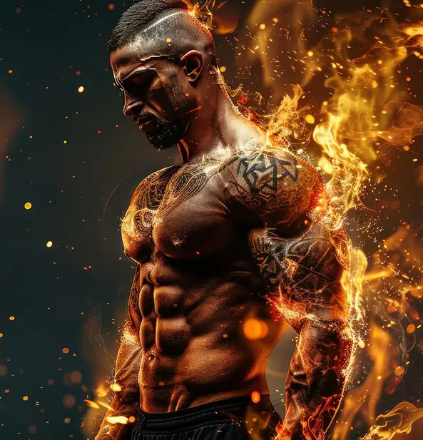 A muscular man with tattoos, glowing in fiery tones, standing in a dramatic pose
                 surrounded by flames.